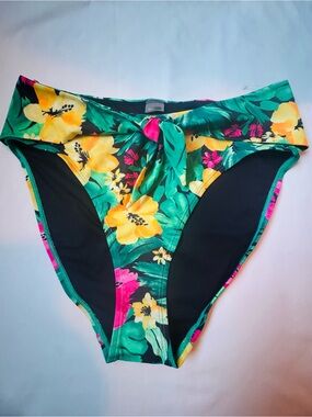 Old Navy Green Floral High-Waist Bikini Bottom with Yellow Accents